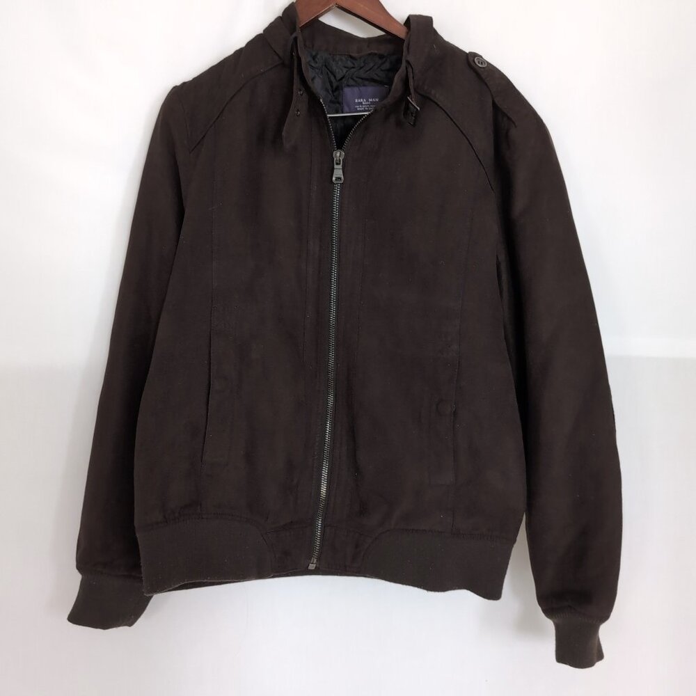 Zara Men's Brown SUEDE Full Zip Aviator Jacket with Button Up Pockets, Size XL
